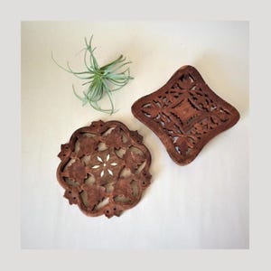 Vintage Sheesham Wood Trivets a Pair | Hand Carved Indian Rosewood Hot Pads or Plant Elevators | Boho Table or Wall Decor