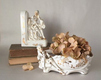 Vintage Rococo Revival Bookend and Candy Dish | White and Gold Porcelain Decor | 18th Century Style French Dandy Figurines