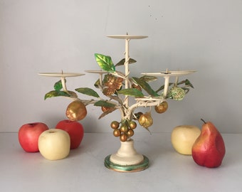 Vintage Toleware Candelabra with Optional Fruit Candles and Paper Mache Pear | Painted Metal Five Arm Candleholder Centerpiece