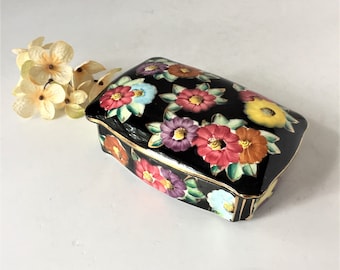 Porcelain Trinket Box, Vintage Box With Lid, Lidded Keepsake Box, Hand Painted Jewelry Casket, Floral Black and Gold, Quebec Canada Souvenir