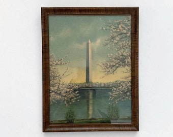 Vintage 1920s Framed Print of Washington Monument with Cherry Blossoms