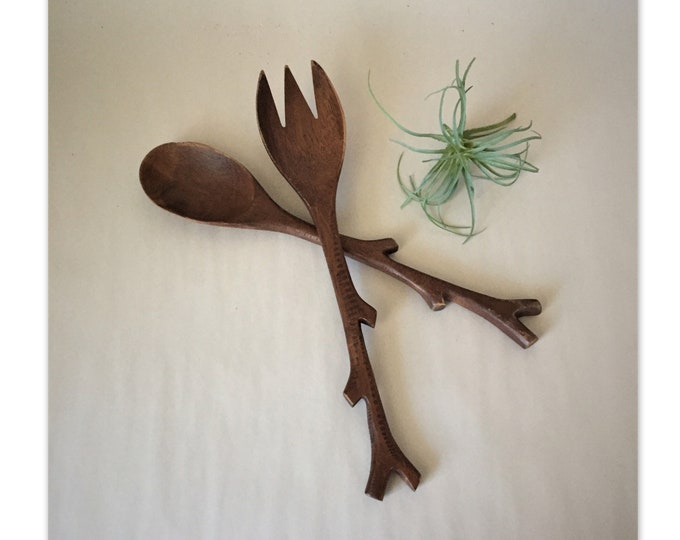 Vintage Wooden Salad Servers With Twigstyle Handles Etsy