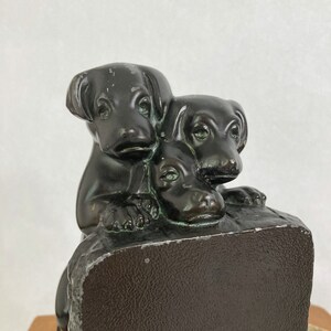 Vintage 1920s 1930s Puppies Bookends a Pair | Antique Naturally Distressed Spelter Bookends | Three Orphan Puppies | Shelf Styling Decor image 3