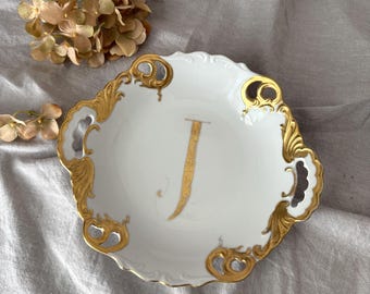 Vintage Porcelain Bowl Hand Painted with Gold Initial J 8.5"