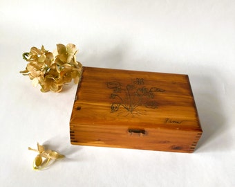 Vintage Lidded Cedar Trinket Box with Floral Motif for "Jane" 8" x 5.25"