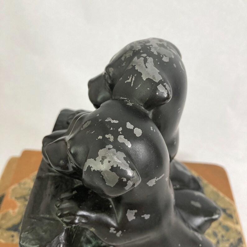 Vintage 1920s 1930s Puppies Bookends a Pair | Antique Naturally Distressed Spelter Bookends | Three Orphan Puppies | Shelf Styling Decor image 8