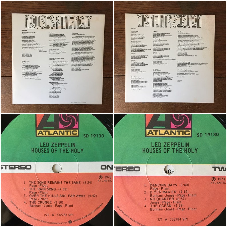 Puede incluir: Un disco de vinilo blanco y negro con el t&iacute;tulo "Houses of the Holy" de Led Zeppelin. El disco est&aacute; en el sello Atlantic y tiene el n&uacute;mero de cat&aacute;logo SD 19130. El disco est&aacute; en formato est&eacute;reo y tiene una fecha de copyright de 1973.