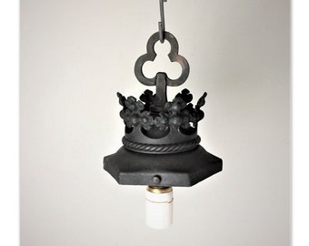 Antique 1920s Gothic Style Pendant Light Fixture with Trefoil and Crown Motif for Restoration
