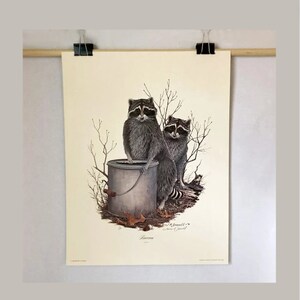 May include: A vintage print of two raccoons standing by a metal can. The print is titled "Raccoon" and signed "R. Russell" in the bottom right corner.