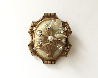 1940s Flower Basket Brooch Made of Copper With Celluloid Mother of Pearl and Crystal Accents