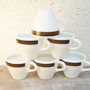 Vintage Pyrex Ebony Coffee Cups Fleur de Lys Pattern Set of Six Teacups Retro Restaurantware image 4