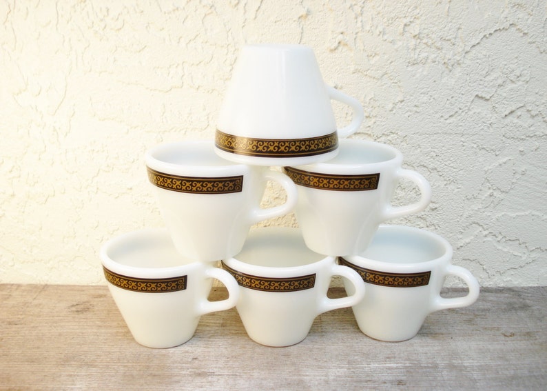 Vintage Pyrex Ebony Coffee Cups Fleur de Lys Pattern Set of Six Teacups Retro Restaurantware image 4