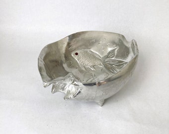 Vintage 1970s Arthur Court Cast Aluminum Bowl with Koi Fish Motif | Modern Coastal Decor