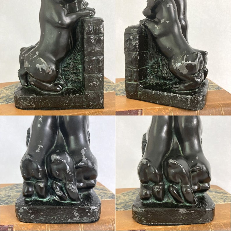 Vintage 1920s 1930s Puppies Bookends a Pair | Antique Naturally Distressed Spelter Bookends | Three Orphan Puppies | Shelf Styling Decor image 9