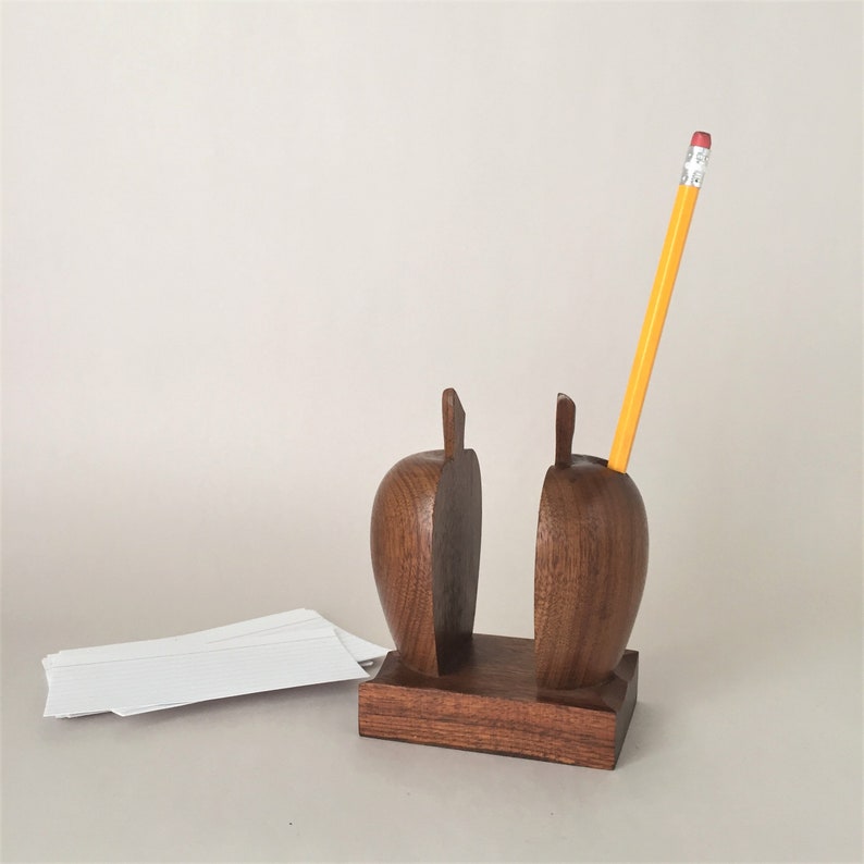 Vintage Pencil and Memo Holder Wooden Apple Desk Organizer Modern Office Decor image 1