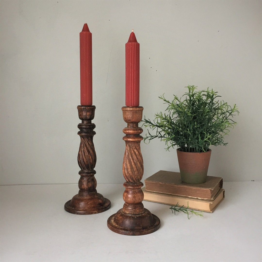 Vintage Hand Carved Wood Candlesticks a Pair Rustic Old Etsy