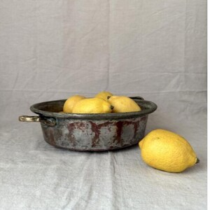 May include: A rustic, antique copper bowl filled with several bright yellow lemons. One lemon rests outside the bowl. The bowl has two small handles and a weathered, reddish-brown patina. The lemons are a vibrant contrast to the bowl's aged appearance.