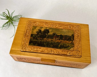 Vintage Keepsake Box with Cottage Print on Lid and Mirror Inside | Gifts for Her