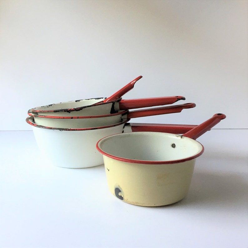 Enamelware Saucepans Vintage Red and White Enamel Pots Five Etsy