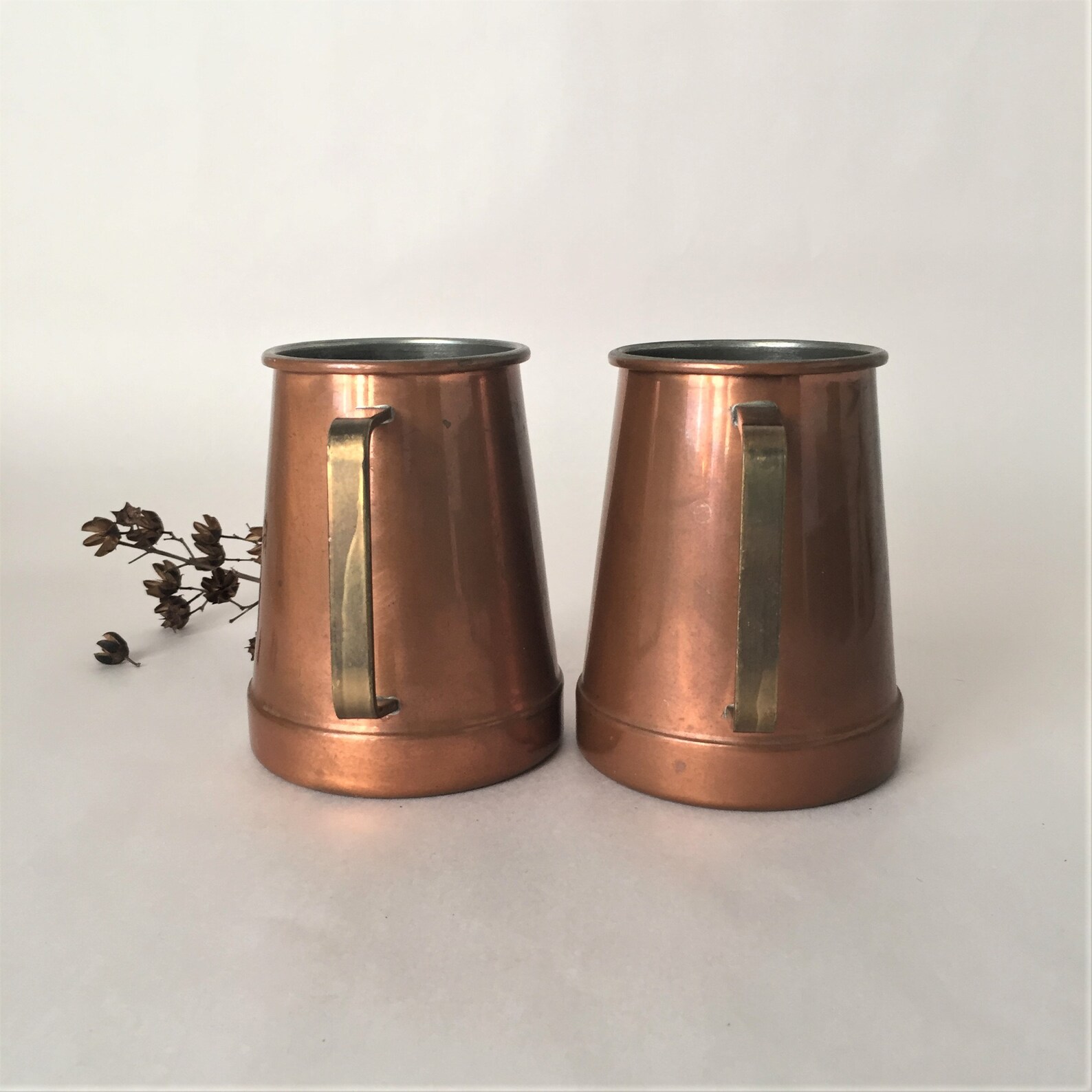Vintage Copper on Tin Tankards With Brass Handles a Pair Two Etsy