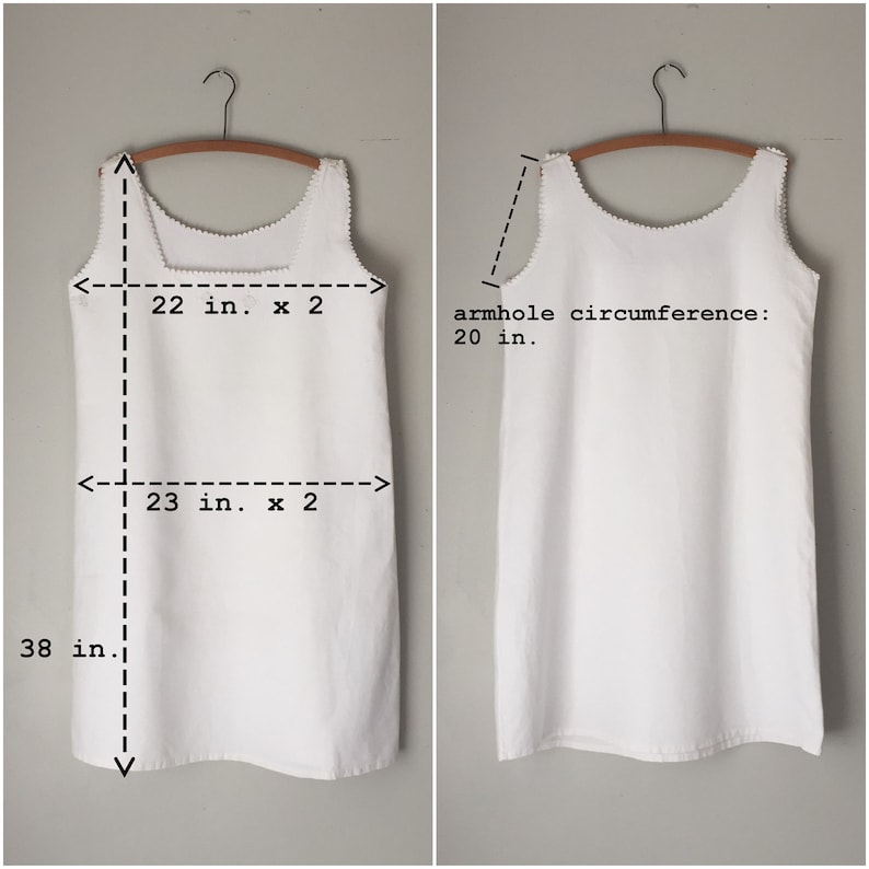 May include: White sleeveless dress with a scalloped neckline and a length of 38 inches. The dress measures 22 inches across the chest and 23 inches across the waist.