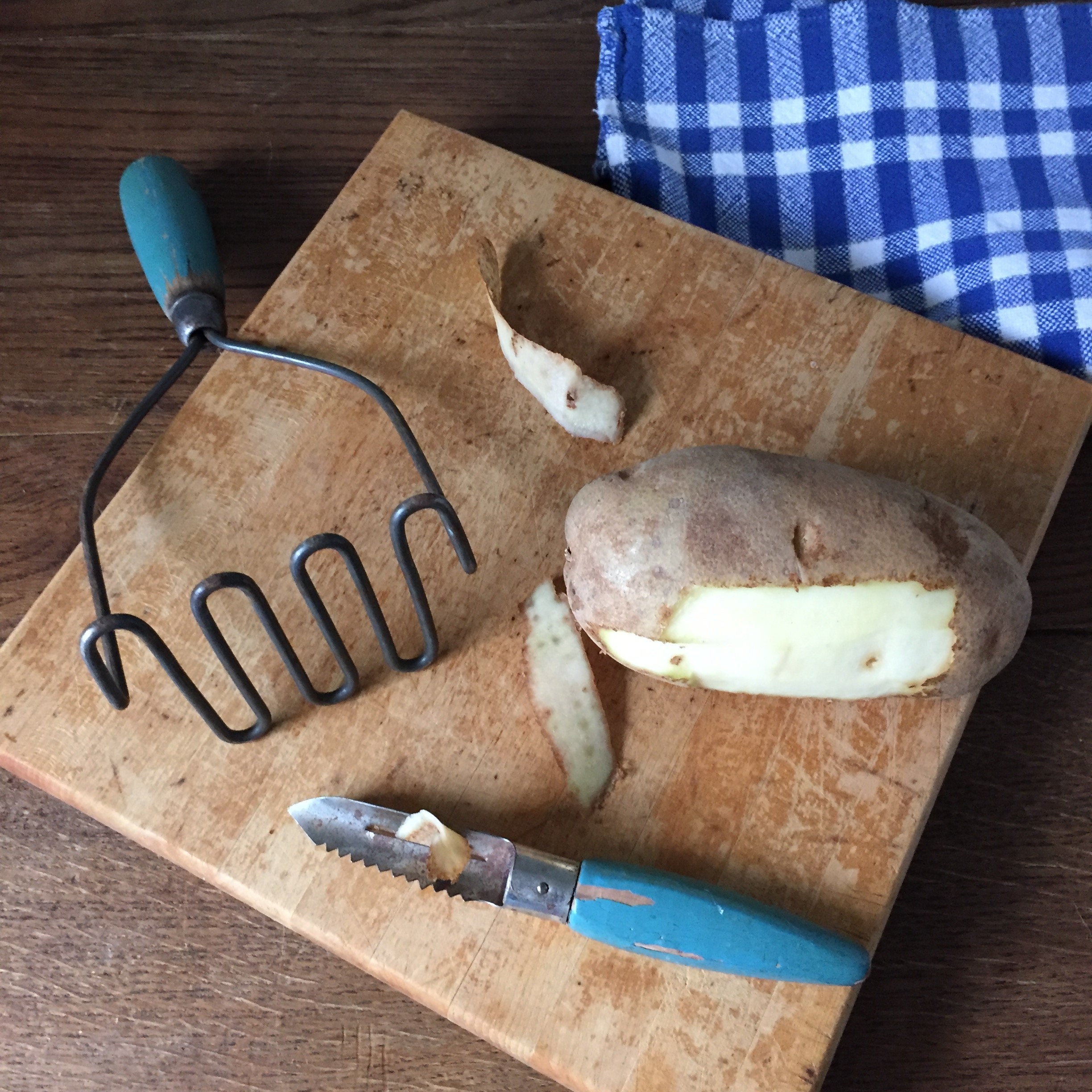 Vintage Hand Held Potato Peeler Wood Handle Tempered Grandma's