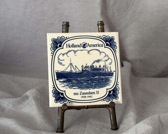 Vintage Holland America Commemorative Ceramic Tile of Dutch Motor Ship Zaandam II (1938 - 1942) with Easel