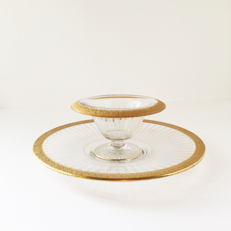 Vintage Mayonnaise Dish with Underplate, Etched Glass Gold Encrusted Mayonnaise Bowl and Sandwich Tray, Etched Glass Footed Bowl and Tray image 1