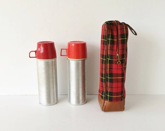 Two Vintage Thermos Bottles and Tartan Plaid Bottle Guard