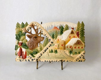 Vintage Die Cut Calendar Topper Embossed Glitter Winter Snow Scene Christmas Motif Reindeer Chalets Pine Trees Made in Germany