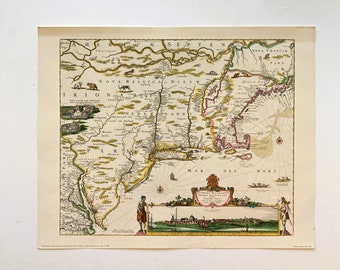 May include: An antique map of Nova Belgica, also known as New Netherland, a historical region in North America. The map is printed in brown, black, and red ink on a cream-colored paper. The map shows the coastline of the region, with rivers, lakes, and towns marked. The map is surrounded by a decorative border.