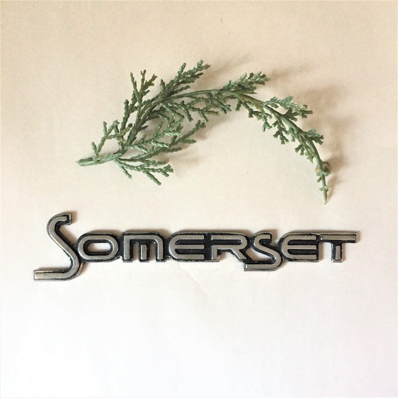 以下が含まれることがあります： 白い背景に緑の葉の枝が置かれた、黒い文字で「Somerset」と書かれた銀色の金属製のエンブレムです。