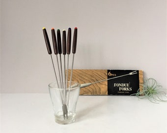 Vintage Fondue Forks With Wooden Handle Forks in Original Box Set of Six