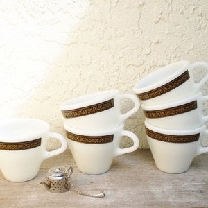 Vintage Pyrex Ebony Coffee Cups Fleur de Lys Pattern Set of Six Teacups Retro Restaurantware image 2