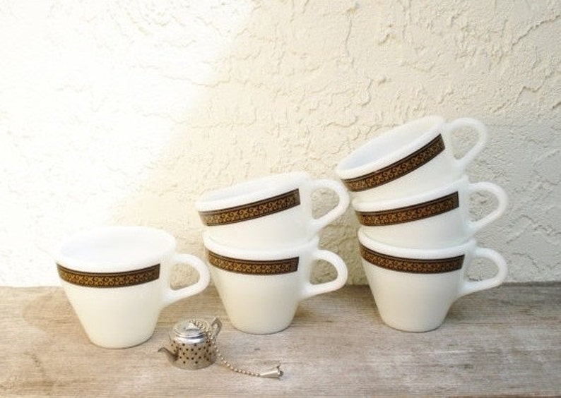 Vintage Pyrex Ebony Coffee Cups Fleur de Lys Pattern Set of Six Teacups Retro Restaurantware image 2
