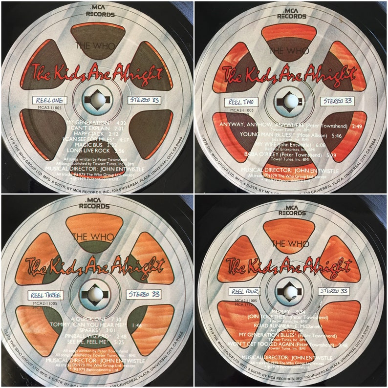 Puede incluir: Cuatro cintas de audio de carrete a carrete con etiquetas naranjas. Las etiquetas muestran la banda The Who y el t&iacute;tulo del &aacute;lbum "The Kids Are Alright". Cada carrete tiene una lista de canciones diferente y el n&uacute;mero de carrete est&aacute; impreso en la etiqueta.