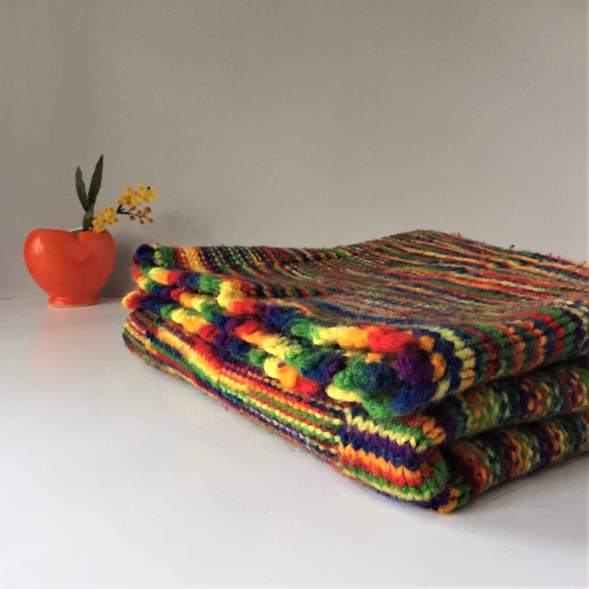 Rainbow Throw Multicolor Knitted Blanket Vintage Coverlet Etsy