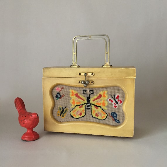 Vintage Yellow Box Purse with Colorful Needlepoint