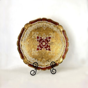 Vintage Gilded Florentine Tray Round Large Size Gesso on Wood Unexpected Red Theory 16&quot; Gifts for Entertainer