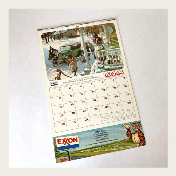 Vintage 1975 Advertising Wall Calendar Exxon Great Moments in Early American Motoring New Old Stock 20 Dollar Father's Day Gifts