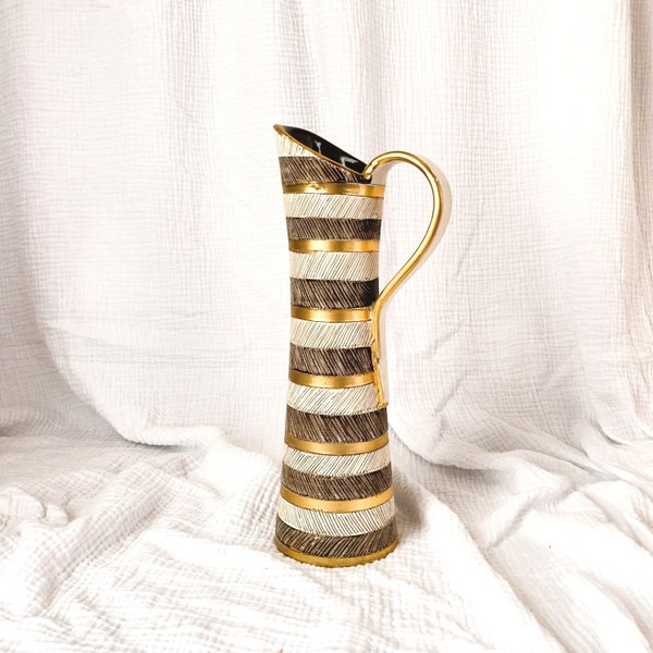 Vintage Bitossi by Aldo Londi Sgraffito Ceramic Pitcher from the Seta Series AS IS | MCM Italian Art Pottery Neutral Colors 22K Gold Accents