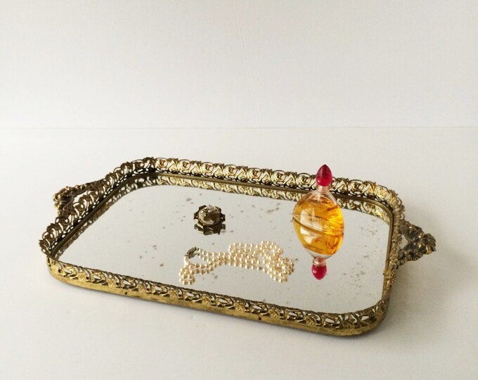Vintage Mirror Vanity Tray, Large Gold Filigree Tray for Perfume