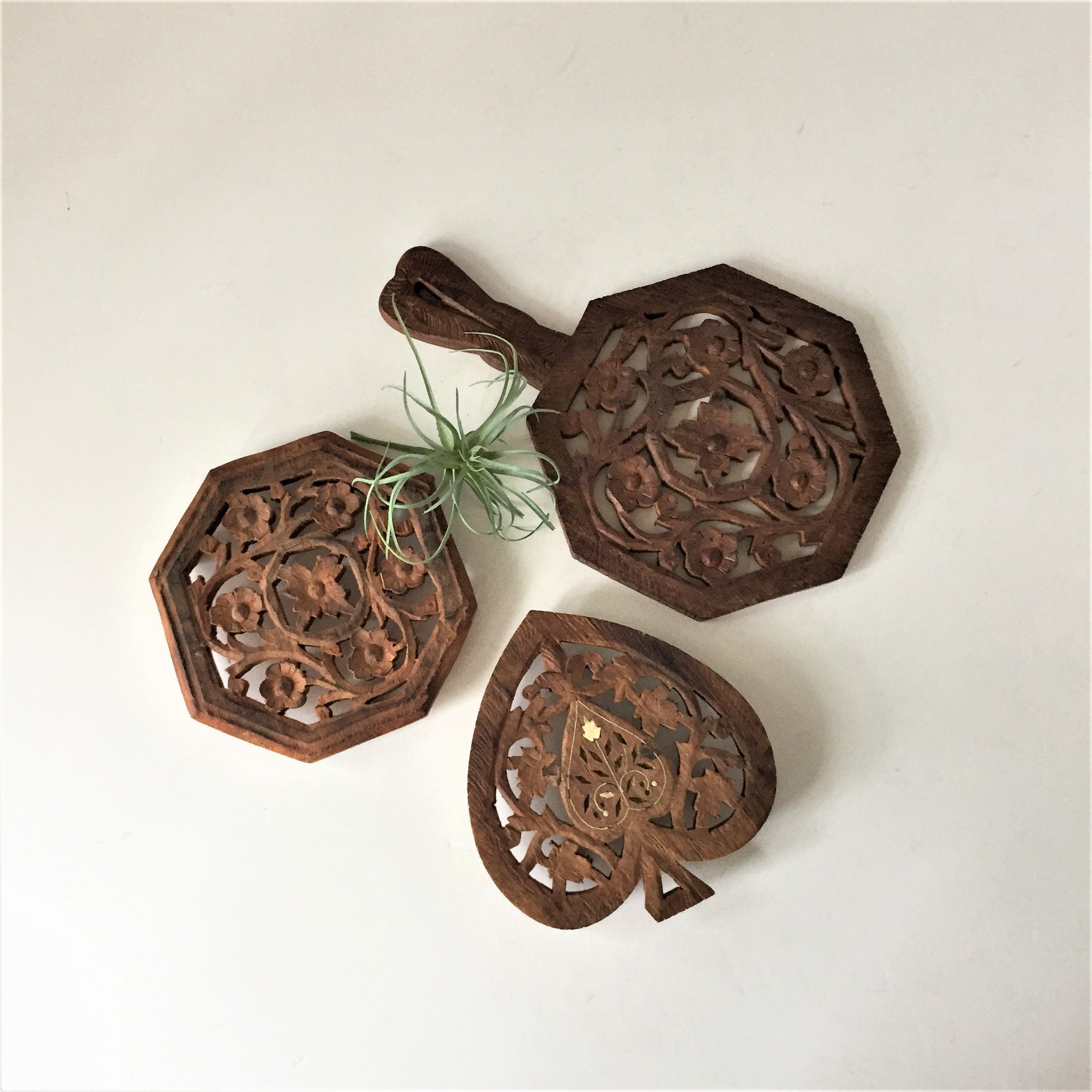 Sheesham Wood Trivets Vintage Trivet Trio Boho Table Decor Etsy
