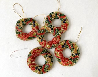 Vintage Beaded Wreath Christmas Tree Ornaments Set of Five | Gift Package Embellishments