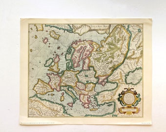 Vintage Copy of 17th Century Map of Europe from the Mercator Hondius Atlas with Portion of America in Upper Left by Penn Prints