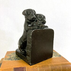 Vintage 1920s 1930s Puppies Bookends a Pair | Antique Naturally Distressed Spelter Bookends | Three Orphan Puppies | Shelf Styling Decor image 2