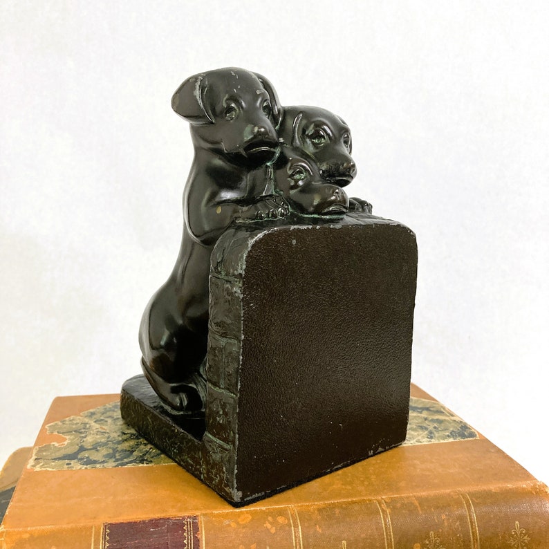 Vintage 1920s 1930s Puppies Bookends a Pair | Antique Naturally Distressed Spelter Bookends | Three Orphan Puppies | Shelf Styling Decor image 2