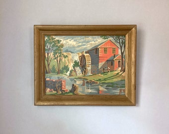 Vintage Paint by Number Painting with Grist Mill Entitled "Red Mill" Issued by Craft Master Framed 19.25" x 15.25