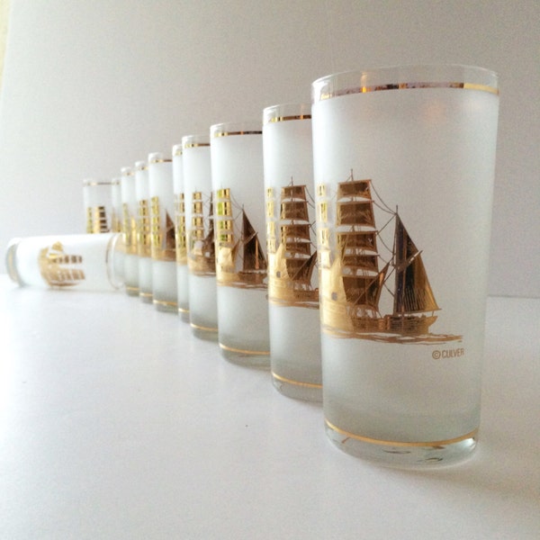 Vintage Culver Clipper Ship 22 kt Gold Frosted Highball Glasses One Set of SIX, Tall Ship Cocktail Glasses, Mad Men Barware, Beach Decor