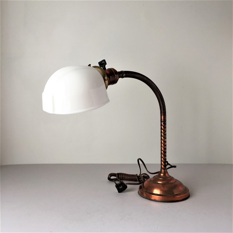 Antique Gooseneck Lamp With Milk Glass Half Shade Image 0
